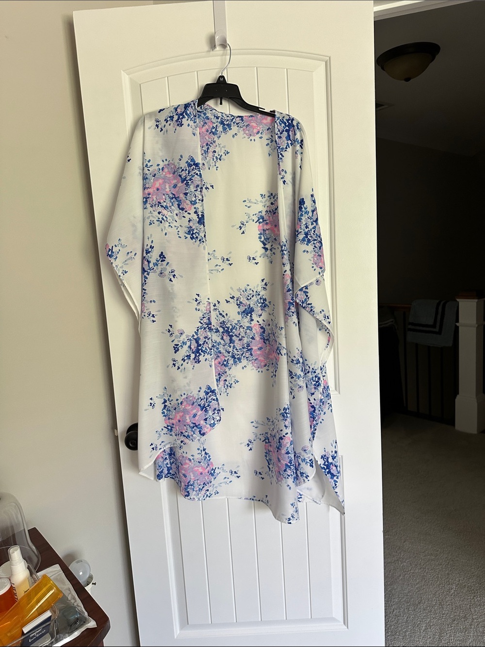 White Floral Kimono Cover-Up with Blue & Pink Print